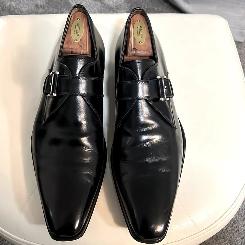 Magnanni Black Leather Monk Strap Loafers